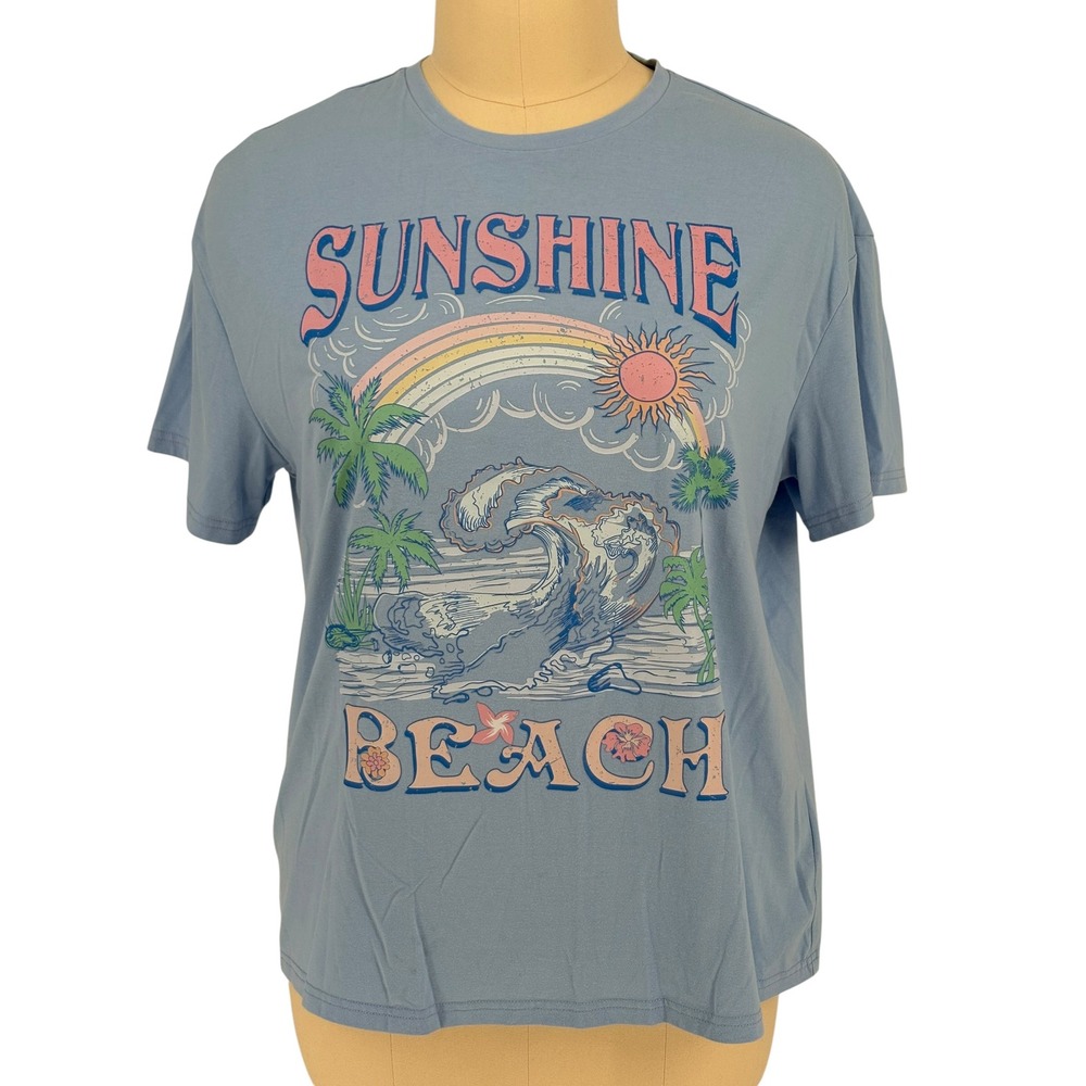 SHEIN Graphic T-Shirt Blue Sunshine Beach Rainbow Sun L 8/10